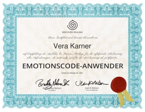 Urkunde der Ausbildung zum Emotion Code - Vera Karner