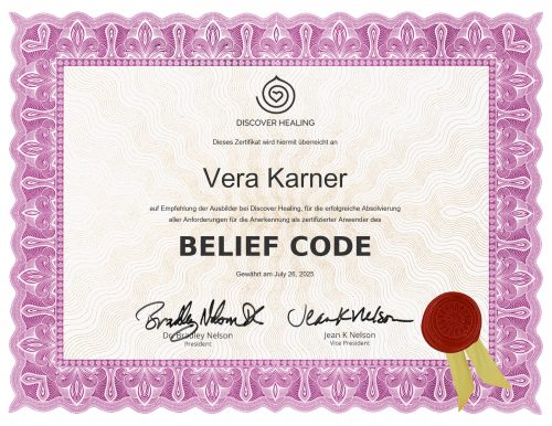Urkunde der Ausbildung zum Belief Code - Vera Karner